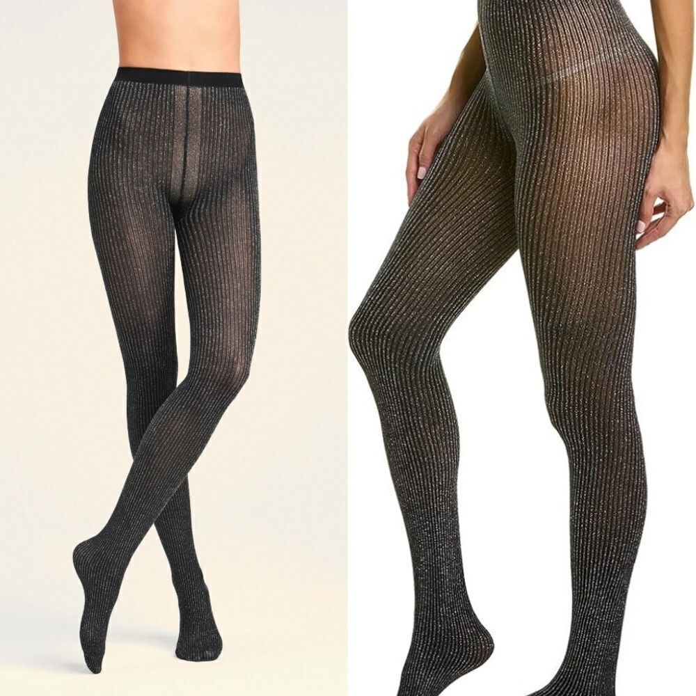Wolford NEW Dora Metallic Ribbed 100 Denier Tights Black Size Small